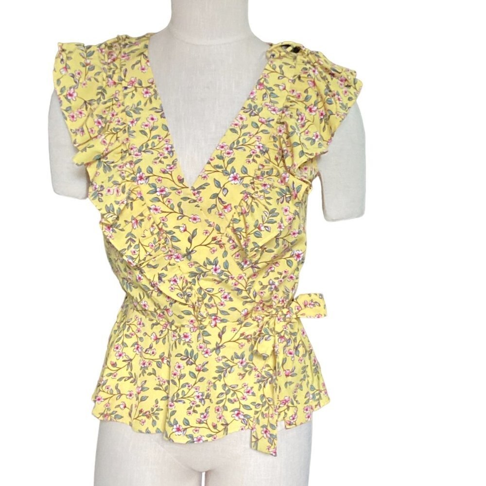 Milk & Honey Floral Wrap Blouse Yellow Ruffles Peplum‎ Flutter Sleeve Sz S 149D